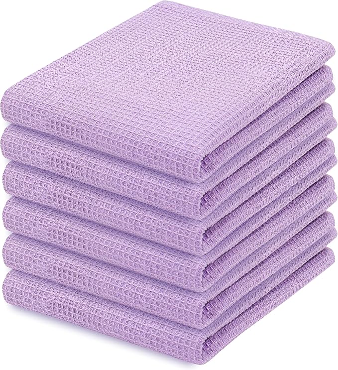 PurpleEssences Waffle Weave Kitchen Towel, 100% Cotton - 15 x 25 Inches, with Hanging Loop Ultra Soft Absorbent Quick Drying Dish Cloth, Tea and Hand Towels, 6 Pack - Fall Thanksgiving - Lavender
