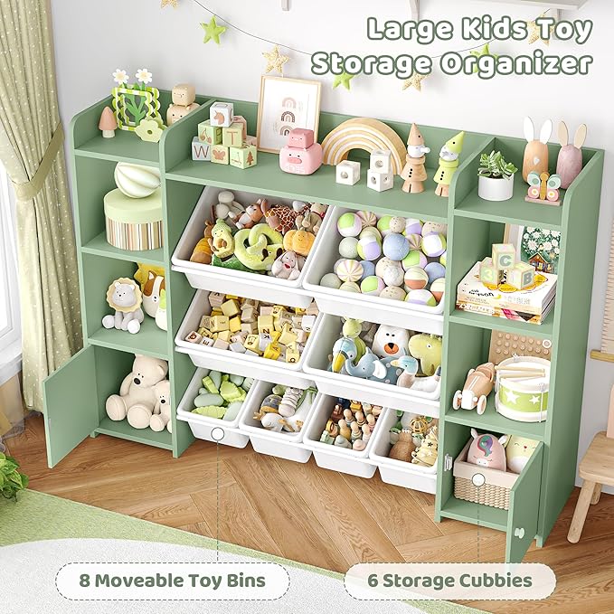 FOTOSOK 55''Large Toy Storage Organizer with 8 Toy Bins, Toy Organizers and Storage with Shelf and 6 Storage Cubbies, Bookshelf for Kids, Playroom Organization and Storage Bins, Green