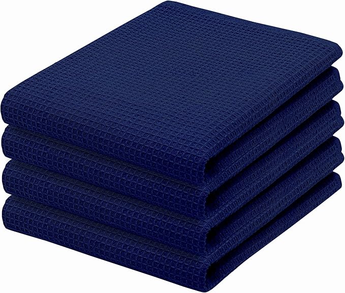 PurpleEssences Waffle Weave Kitchen Towel, 100% Cotton - 15 x 25 Inches, with Hanging Loop Ultra Soft Absorbent Quick Drying Dish Cloth, Tea and Hand Towels, 4 Pack Fall Thanksgiving - Navy Blue