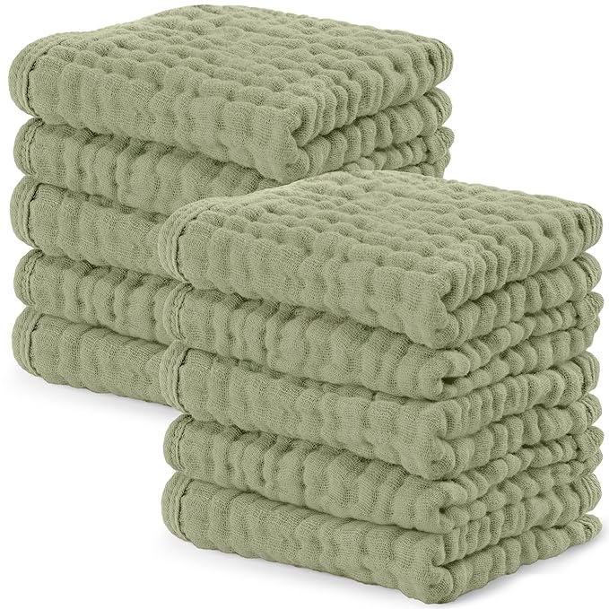 Comfy Cubs Muslin Baby Washcloths 10 Pack - Soft 6-Layer Cotton Wash Cloths for Sensitive Skin - 10"x10" Large, Gentle, Absorbent Infant Essentials for Newborn and Toddlers - Sage