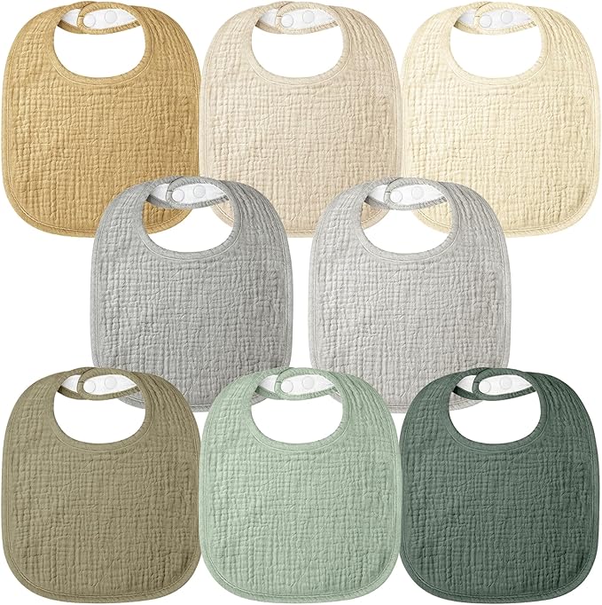 Bearmoss Muslin Baby Drooling Bibs 8 Pack, 100% Cotton Square Adjustable Bandana Bibs Gift for Baby Girls Boys Teething Drool