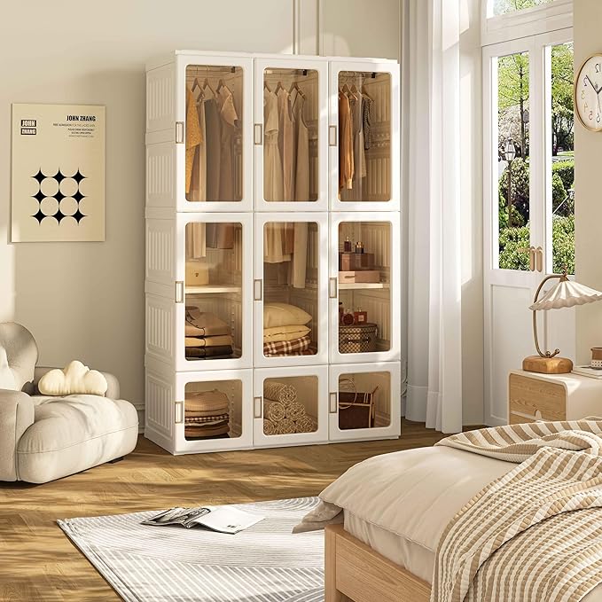 ANTBOX Portable Wardrobe Closet Storage Organizer for Clothes,Transparent Door Panels,Suitable for Living Room, Bedroom,Plastic Wardrobe with Magnetic Door and Easy Assembly (3 Hanging Rod)