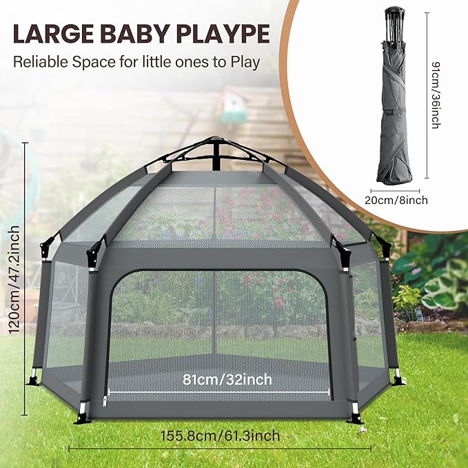 Baby Playpen with Self-Inflating Play Mat & Travel Bag, Portable Outdoor Playpen for Babies and Toddlers, Foldable Pop Up Play Tent for Home, Park, Beach and Camping (Grey)