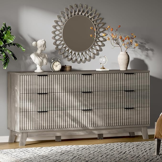 Fluted Dresser with 9 Drawers, 63" Wide Wood Chest of Drawers with Metal Handle, Wooden Dresser TV Stand, Modern Closet Clothes Storage Organizer for Bedroom, Living Room, Hallway, Light Grey
