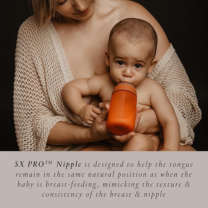 Suavinex Color Essence SX PRO Physiological Soft Flexible Silicone Baby Bottle, Anti Colic Baby Bottles, Supports Breast Feeding Babies, Made in Spain, Medium Flow, 8oz, Sunset Orange