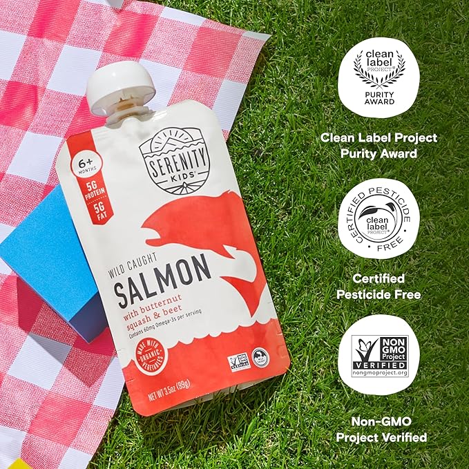Serenity Kids 6+ Months Baby Food Pouches Puree Made With Ethically Sourced Meats & Organic Veggies | 3.5 Ounce BPA-Free Pouch | Wild Caught Salmon, Butternut Squash, Beet | 1 Count
