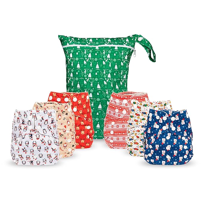 Simple Being Reusable Cloth Diapers, Double Gusset, One Size Adjustable, Washable Soft Absorbent, Waterproof Cover, Eco-Friendly Unisex Baby Girl Boy, six 4-Layers Microfiber Inserts (Christmas)