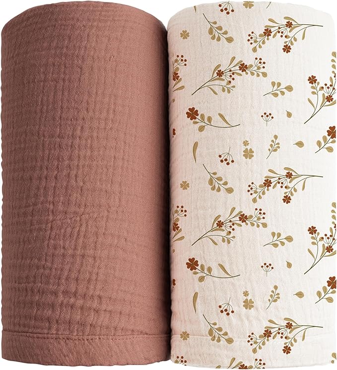 Konssy Muslin Swaddle Blankets for Boys Girls, 2 Pack Receiving Baby Blanket Large 47 x 47 inches, Soft Breathable Swaddling Wrap for Unisex Newborn (Chestnut, Posy)