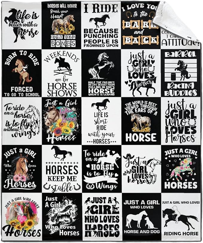 Horse Throw Blanket for Women Men Black White Blanket Gifts for Adults Animals Lightweight Blanket 60X80 Inches for Bed All Season