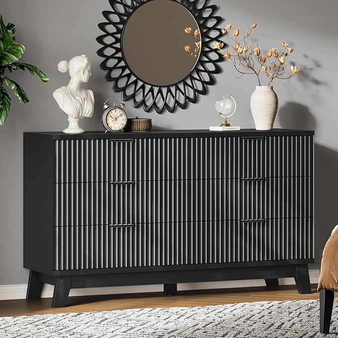 Fluted Dresser with 6 Drawers, 54" Wide Modern Chest of Drawers with Metal Handle, Wooden Dresser TV Stand, Wood Closet Clothes Storage Organizer for Bedroom, Living Room, Hallway, Solid Black