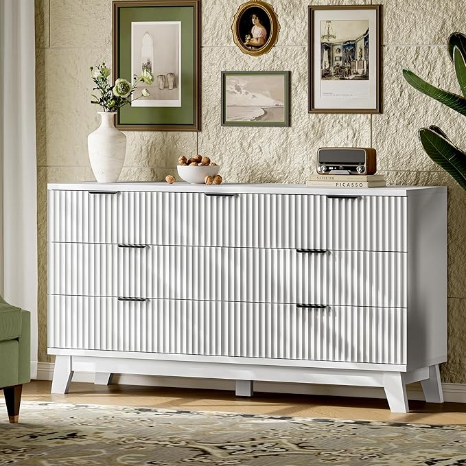 Fluted Dresser with 7 Drawers, 58" Wide Modern Chest of Drawers with Metal Handle, Wooden Dresser TV Stand, Wood Closet Clothes Storage Organizer for Bedroom, Living Room, Hallway, Solid White