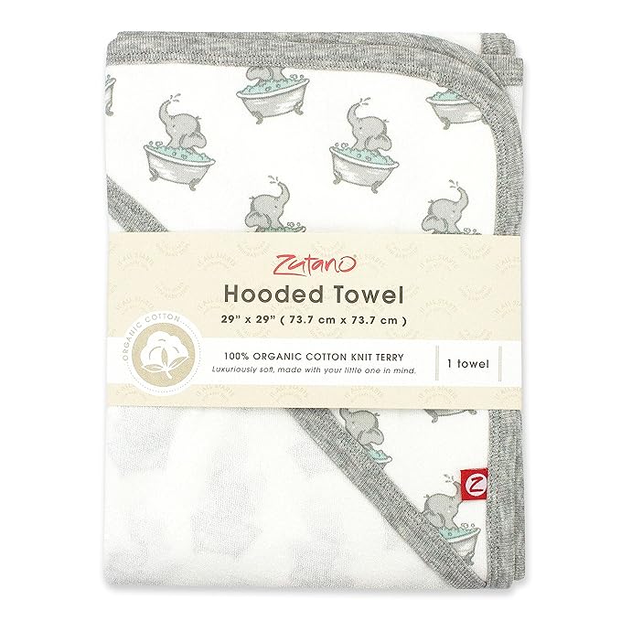 Zutano Hooded Baby Towels, Organic Cotton Baby Bath Towel, Ultra Soft and Absorbent Baby Towel for Newborn and Infant | Girl, Boy, and Unisex Towel Set, Elephant Bath Time, 1-Pack