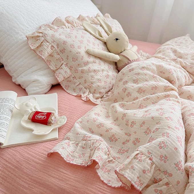 BuLuTu Cotton Muslin Kids Toddler Pillowcase Standard Size, Shabby Chic Galsang Flowers Print, Soft Travel Pillow Case Ruffle Edge Nursery Pillowcases, Boys Girls Bedding Decor, Machine Washable
