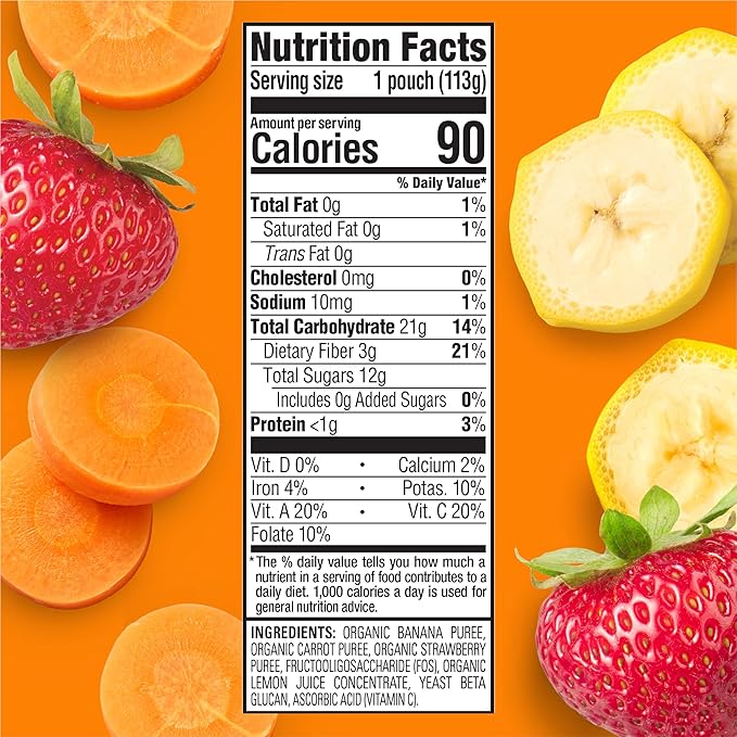 Happy Tot Organics Stage 4 Baby Food Pouches, Gluten Free, Vegan Snack, Super Bellies, Fruit & Veggie Puree, Banana, Carrot & Strawberry 4 Ounce (Pack of 16)