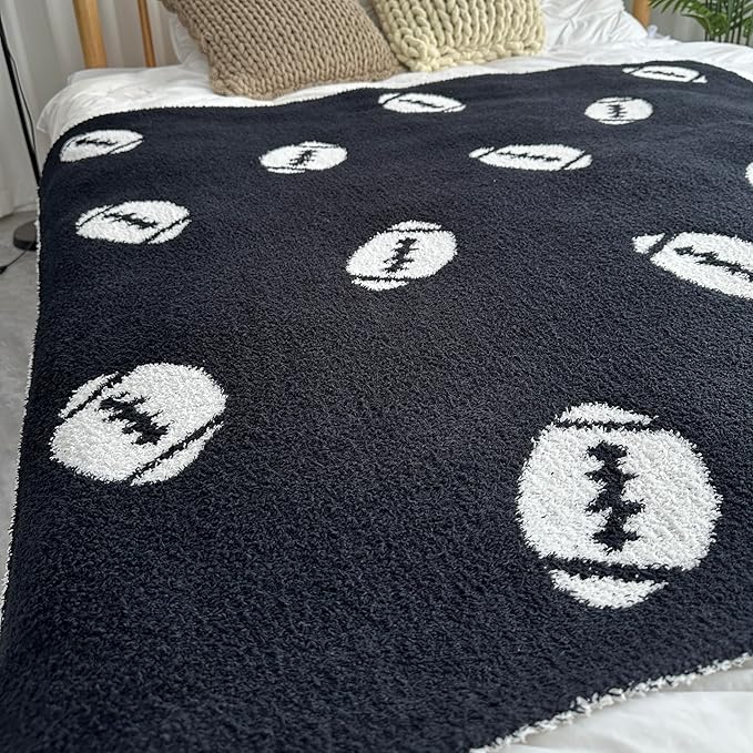 Cozy Football Pattern Blanket Perfect Lightweight Bedding for Adults, Soft, Warm, and Plush Rugby Sports Blanket Great for Bed Sofa (Rugby-Black, 50"x60")