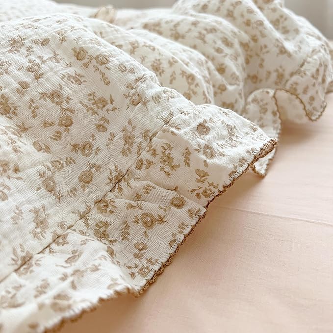 AOJIM Cotton Muslin Kids Toddler Pillowcase with Camellia Pattern Super Soft Baby Crib Pillowcase with Ruffle Edge, Machine Washable Floral Nursery Pillowcase for Boys Girls, Kids Room Decor, 26*20''