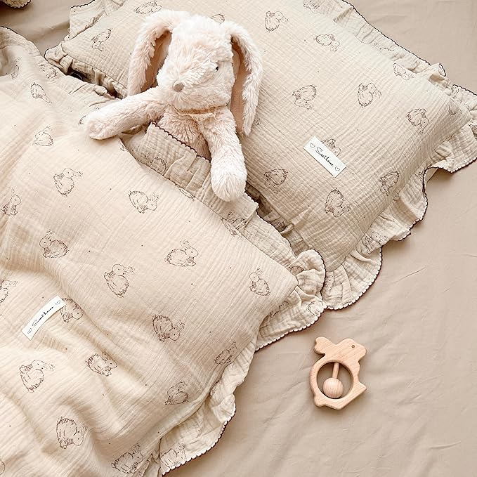 AOJIM Cute Rabbit Muslin Cotton Kids Toddler Pillowcase for Boys Girls Super Soft Baby Crib Bedding Pillowcase with Ruffle Edges Machine Washable Nursery Pillowcase, Durable Kids Pillow Cover, 26*20''
