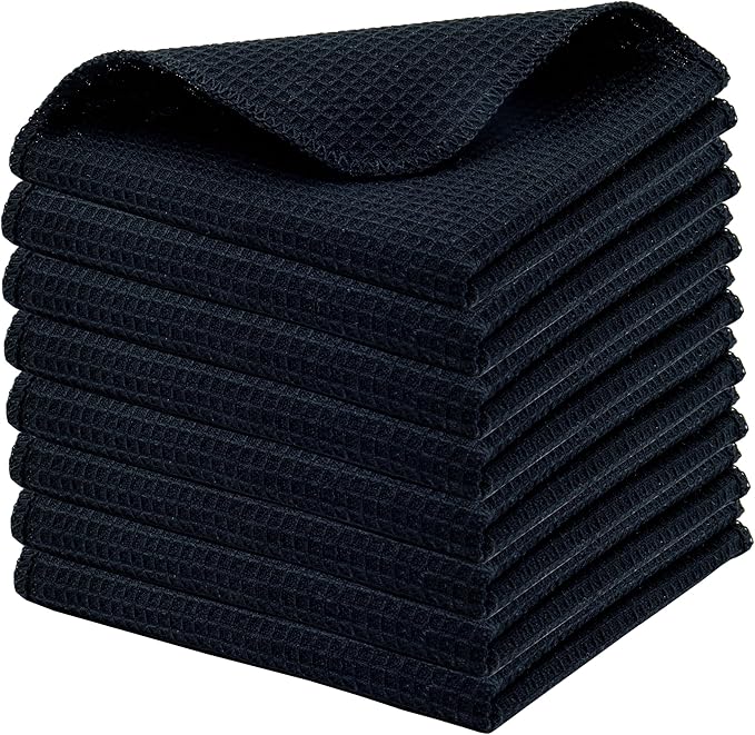 PurpleEssences Dish Cloths and Dish Rags - 8 Pack Waffle Weave Solid Kitchen Dish Wash Cloths, 100% Cotton, 12 x 12 Inches, Ultra Soft Absorbent Quick Drying -Fall Thanksgiving Halloween- Black