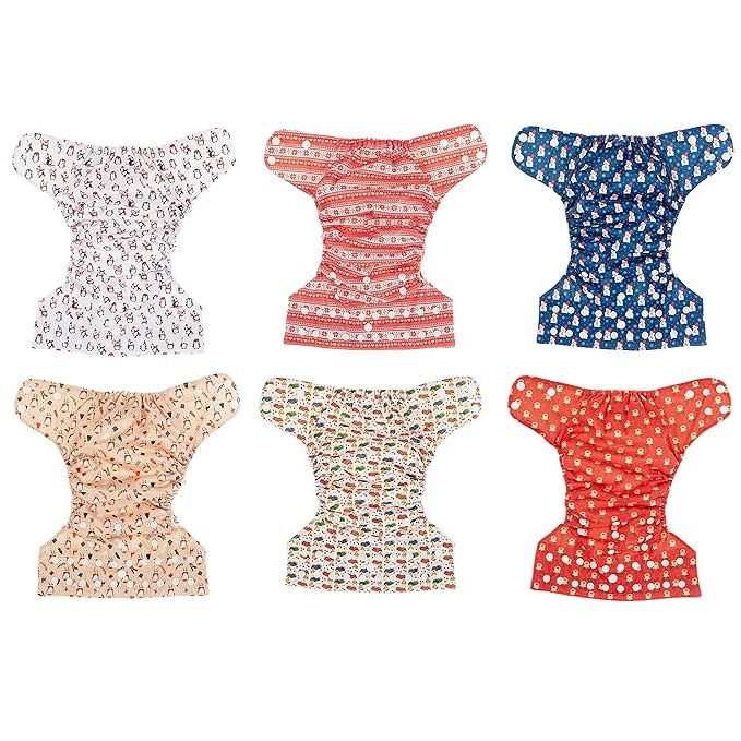 Simple Being Reusable Cloth Diapers, Double Gusset, One Size Adjustable, Washable Soft Absorbent, Waterproof Cover, Eco-Friendly Unisex Baby Girl Boy, six 4-Layers Microfiber Inserts (Christmas)