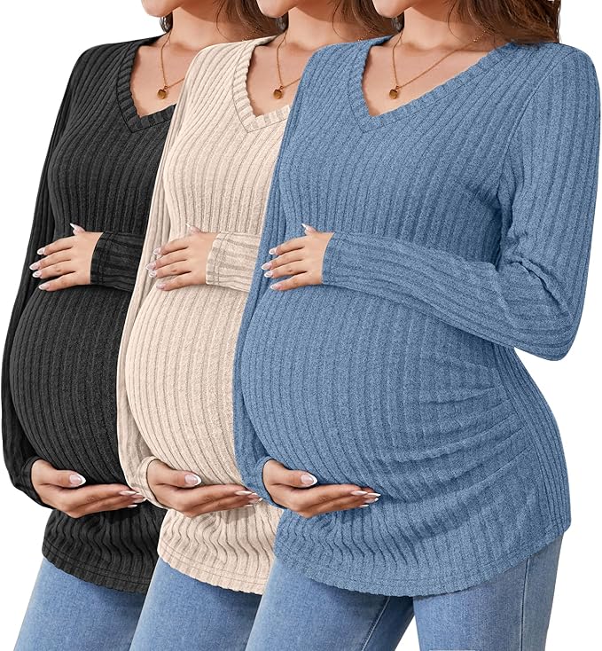 Ficerd 3 Pack Women's Maternity Shirts Ribbed Long Sleeve Pregnancy Tops V Neck Knit Side Ruched Pregnant Clothes Sweater