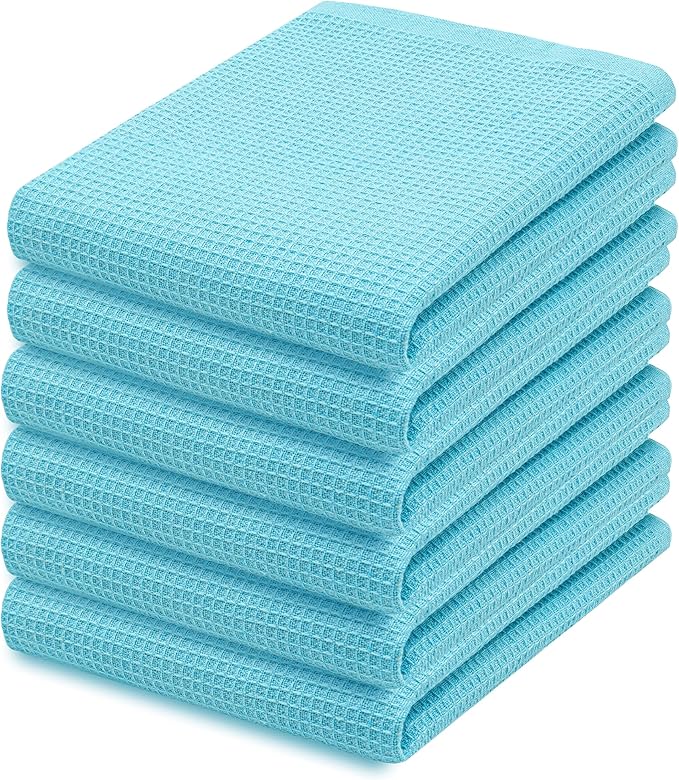 PurpleEssences Waffle Weave Kitchen Towel, 100% Cotton - 15 x 25 Inches, with Hanging Loop Ultra Soft Absorbent Quick Drying Dish Cloth, Tea and Hand Towels, 6 Pack - Fall Thanksgiving - Aqua Blue