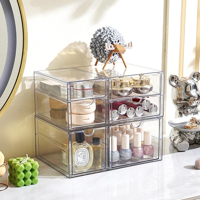 Prsildan Acrylic Drawer Makeup Organizer with 6 Drawers (Not for Baby Bottle), Set of 2 Office Desk Organizers Accessories, Clear Stackable Storage Drawers for Vanity, Craft (Largest Drawer 4" Tall)