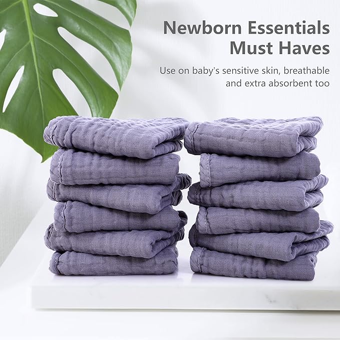 SWEET DOLPHIN 12 Pack Muslin Burp Cloths Large 100% Cotton Hand Washcloths for Baby - Baby Essentials Extra Absorbent and Soft Boys & Girls Milk Spit Up Rags for Newborn Registry - Grey, 20" X10"