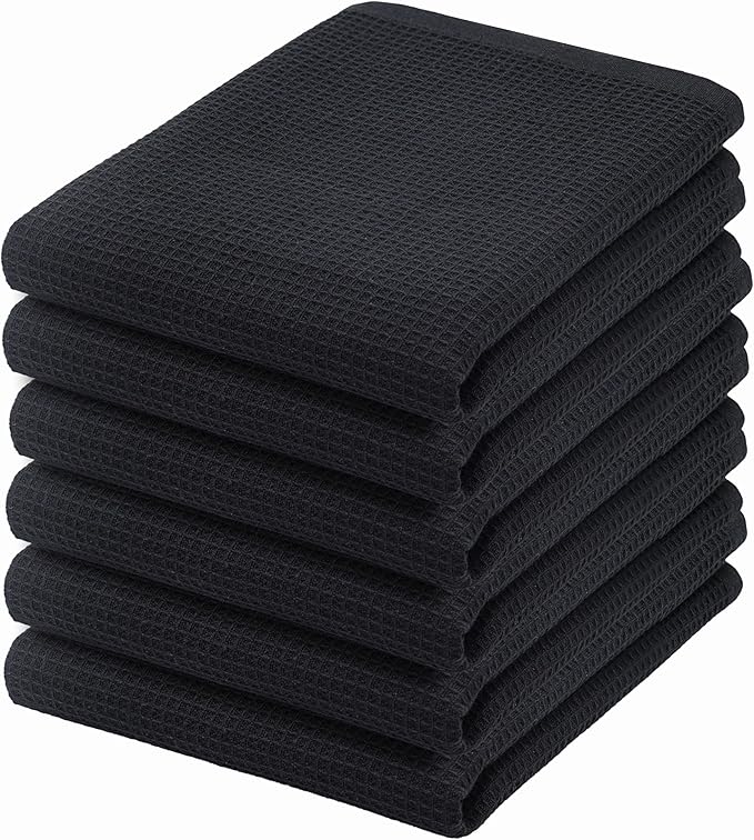 PurpleEssences Waffle Weave Kitchen Towel, 100% Cotton - 15 x 25 Inches, with Hanging Loop Ultra Soft Absorbent Quick Drying Dish Cloth, Tea & Hand Towels, 6 Pack - Fall Thanksgiving Halloween - Black