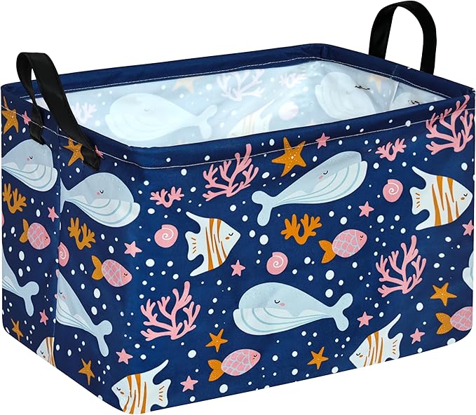Rectangle Storage Basket Shelf Storage Basket Organizer Box Clothes Laundry Hamper Nursery Laundry Basket with Handles(Whale)