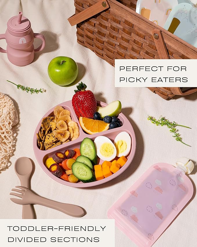 Hippypotamus Toddler Plates with Suction - 100% Food-Grade Silicone Baby Plates with Lids - Microwave & Dishwasher Safe - BPA Free - Set of 3 (Pink/Mint/Lavender with LIDS)