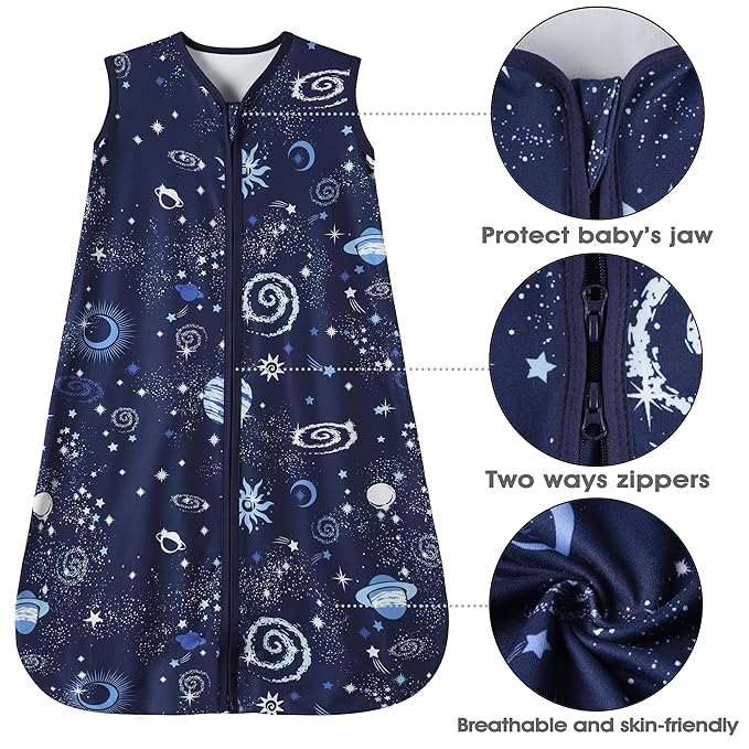 Baby Sleep Sack 0-6 Months Baby Wearable Blanket 100% Rayon Cotton 2-Way Zipper Toddler Sleeping Sack，Comfy Soft Lightweight TOG 0.3（Galaxies）