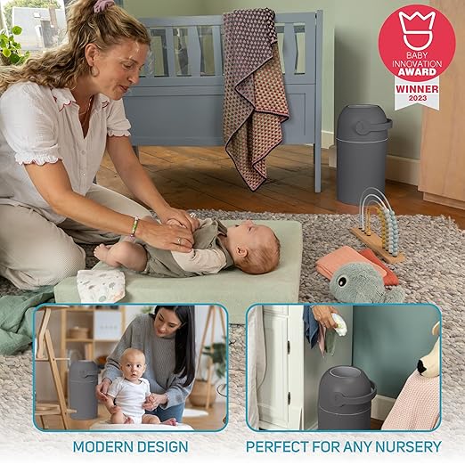 L.A. Baby Magic Diaper Pail - Patented 100% Odor-Free System with Child-Safe Lock - Award-Winning Design - No Refills Required - Works with Regular Trash Bags - Gray