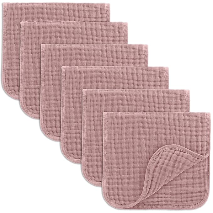 Comfy Cubs Muslin Burp Cloths 20" x 10", Pack of 6 - Large, 6-Layer, Ultra Absorbent 100% Cotton for Baby Drool and Messes - Soft, Safe & Gentle Baby Burp Cloths Set for Boys & Girls - Mauve