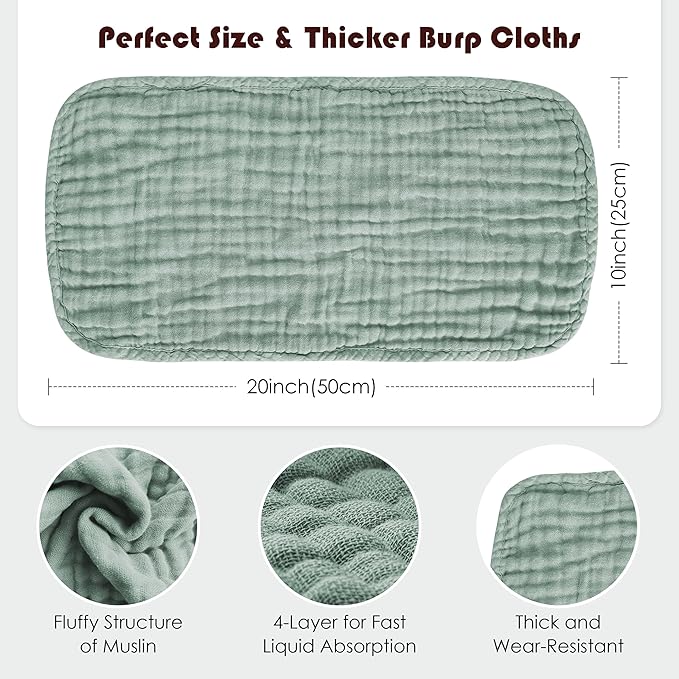 Muslin Burp Cloths 100% Cotton Large 20''x10'' Extra Soft and Absorbent Baby Wash Cloths Spit Up Rags - Baby Burping Cloth for Boys Girls Items(12 Pack Green)