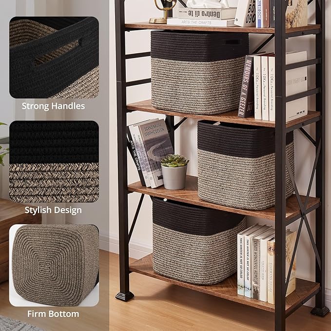 OIAHOMY 13 Kallax Inch Cube Storage Bins, 3-Pack Cotton Rope Woven Baskets for Organizing, Kallax Insert Storage Baskets for Shelves, Baby Nursery, Closet Organizer, 13*13*12.6IN, Black & Mixed Brown