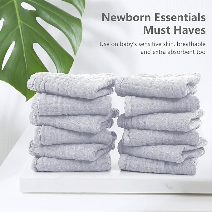 SWEET DOLPHIN 12 Pack Muslin Burp Cloths Large 100% Cotton Hand Washcloths for Baby - Baby Essentials Extra Absorbent and Soft Boys & Girls Milk Spit Up Rags for Newborn Registry - Slate, 20" X10"