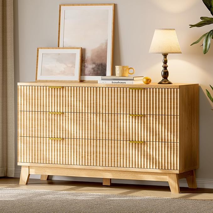 Fluted Dresser with 6 Drawers, 54" Wide Modern Chest of Drawers with Metal Handle, Wooden Dresser TV Stand, Wood Closet Clothes Storage Organizer for Bedroom, Living Room, Hallway, Natural Oak