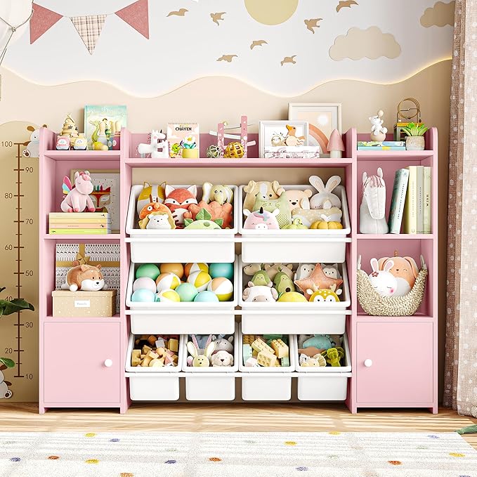 FOTOSOK 55''Large Toy Storage Organizer with 8 Toy Bins, Toy Organizers and Storage with Shelf and 6 Storage Cubbies, Bookshelf for Kids, Playroom Organization and Storage Bins, Pink