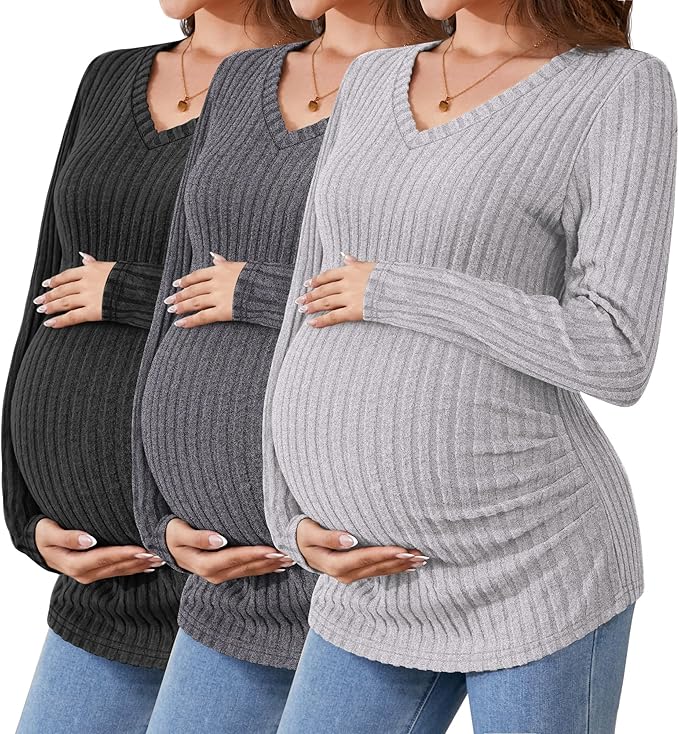 Ficerd 3 Pack Women's Maternity Shirts Ribbed Long Sleeve Pregnancy Tops V Neck Knit Side Ruched Pregnant Clothes Sweater