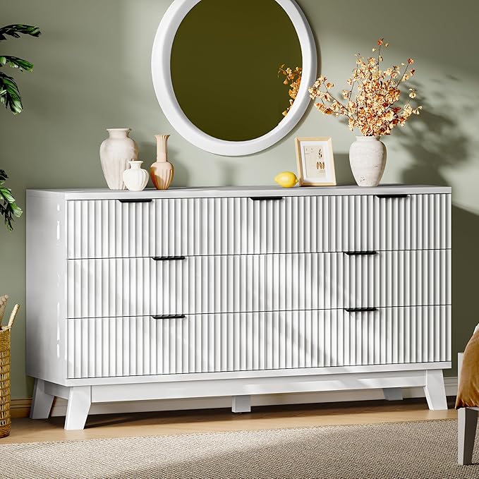 Fluted Dresser with 7 Drawers, 58" Wide Modern Chest of Drawers with Metal Handle, Wooden Dresser TV Stand, Wood Closet Clothes Storage Organizer for Bedroom, Living Room, Hallway, Solid White
