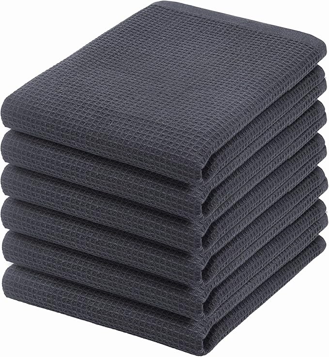 PurpleEssences Waffle Weave Kitchen Towel, 100% Cotton - 15 x 25 Inches, with Hanging Loop Ultra Soft Absorbent Quick Drying Dish Cloth, Tea and Hand Towels, 6 Pack - Fall Thanksgiving - Dark Grey
