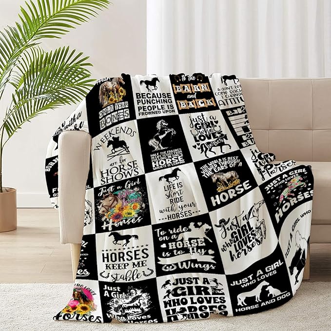 Horse Blanket for Adults,Black White Throw Blanket for Girls Boys Lightweight Animals Soft Cozy Flannel Blanket for Kids 90 * 120 Inches