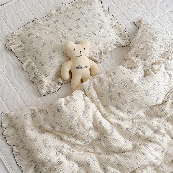 AOJIM Cotton Muslin Kids Pillowcase with Cute Cat Patterns, Super Soft Crib Nursery Pillowcase 1PC for Boys Girls, Ruffled Edges Toddler Bedding for Room Decor, Machine Washable, 14x20 Inches