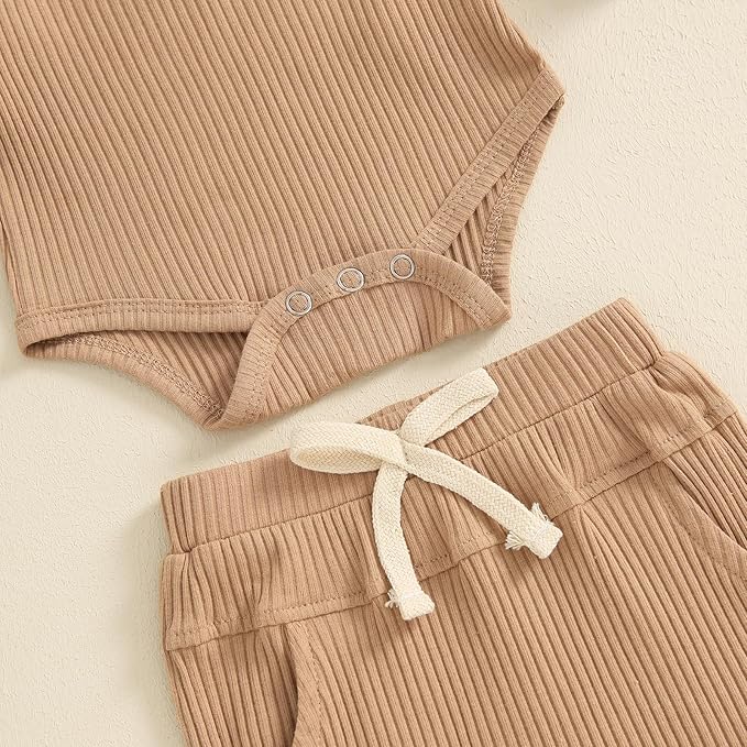 Newborn Baby Boy Girl Clothes Ribbed Knitted Long Sleeve Romper Pants Solid Cotton Infant Fall Winter Outfits 2Pcs