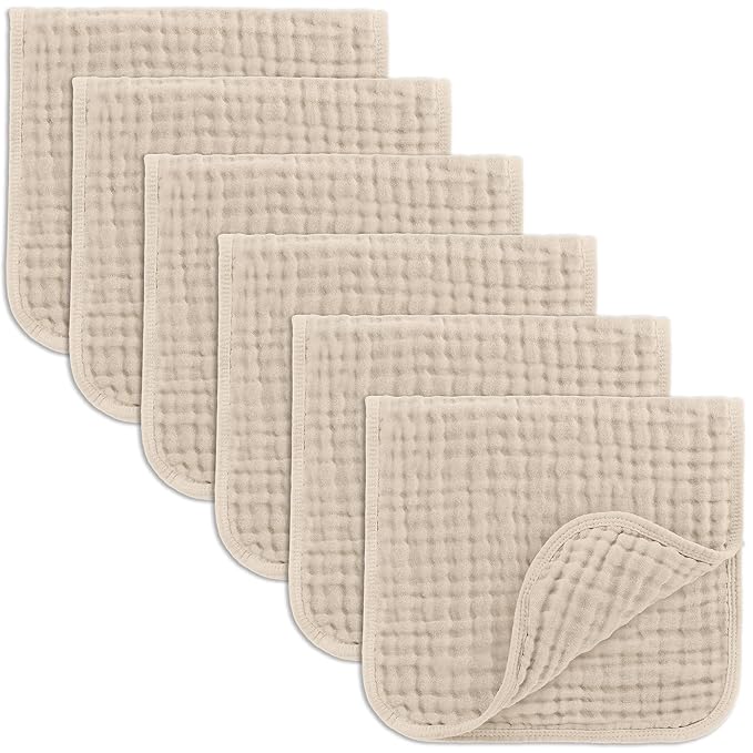 Comfy Cubs Muslin Burp Cloths 20" x 10", Pack of 6 - Large, 6-Layer, Ultra Absorbent 100% Cotton for Baby Drool and Messes - Soft, Safe & Gentle Baby Burp Cloths Set for Boys & Girls - Sand