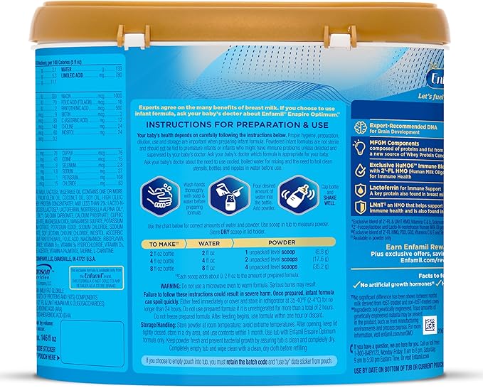 Enfamil Optimum (Enspire), Our Closest Formula to Breast Milk, Immune-Supporting Lactoferrin and Brain-Supporting DHA Baby Formula, Powder 20.5 Oz Tub, Pack of 4
