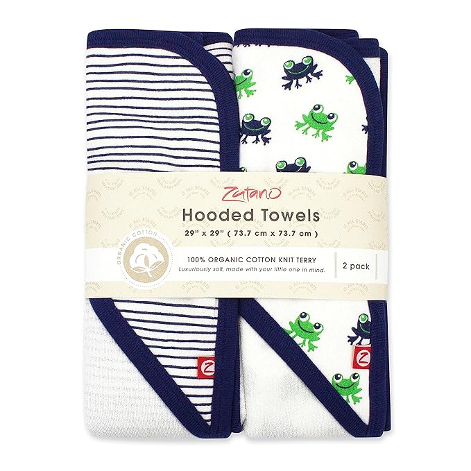 Zutano Hooded Baby Towels, Organic Cotton Baby Bath Towel, Ultra Soft and Absorbent Baby Towel for Newborn and Infant | Girl, Boy, and Unisex Towel Set, Leap Frog, 2-Pack