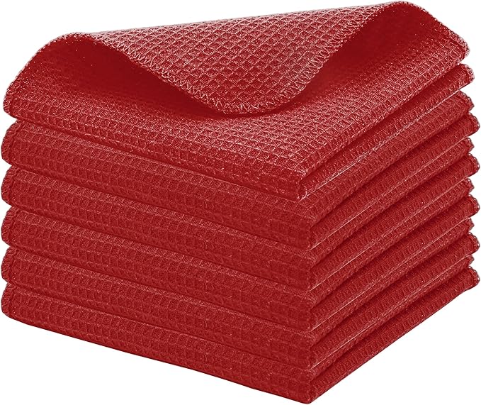 PurpleEssences Dish Cloths and Dish Rags - 6 Pack Waffle Weave Solid Kitchen Dish Wash Cloths, 100% Cotton, 12 x 12 Inches, Ultra Soft Absorbent Quick Drying - Fall Thanksgiving - Red