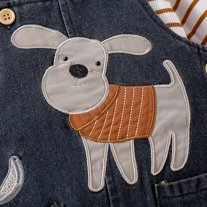 Baby Boy Clothes Fall Winter Outfits Long Sleeve Striped Romper Cute Cartoon Jeans Overalls Pants Set 0-18 Months