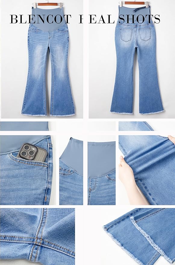 BLENCOT Maternity Jeans for Women Over Belly Pregnancy Pants Comfy Pregnant Jeans Flare Denim Jeans with Pockets
